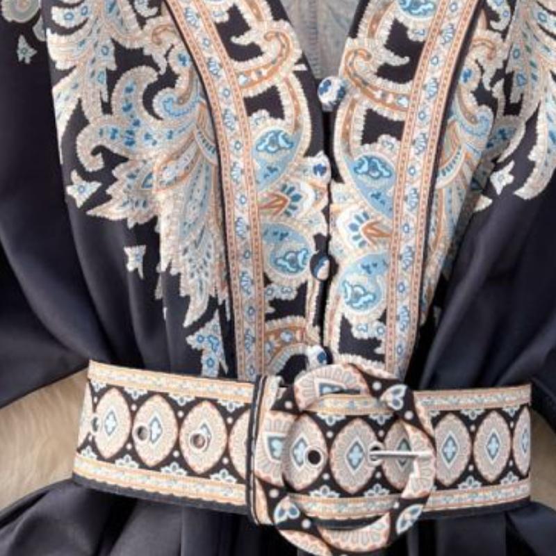 Court Style Retro Printing One Piece Dress Women V-neck Elegant Short Party Dresses Female French Belt High Waist Chic Dress Vacation