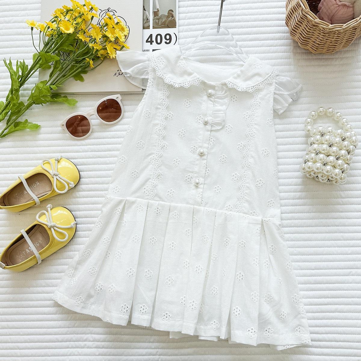 Summer Girls Sleeveless Dress Floral Hollow Embroidery Princess Vacation Cotton Party Sundress For Kids 90cm