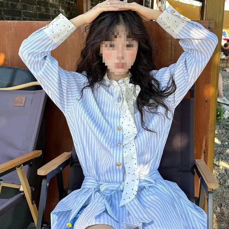 Women s Retro Lace-Up Patchwork Striped Dress: Early Autumn College Style, Waist-Slimming Casual S