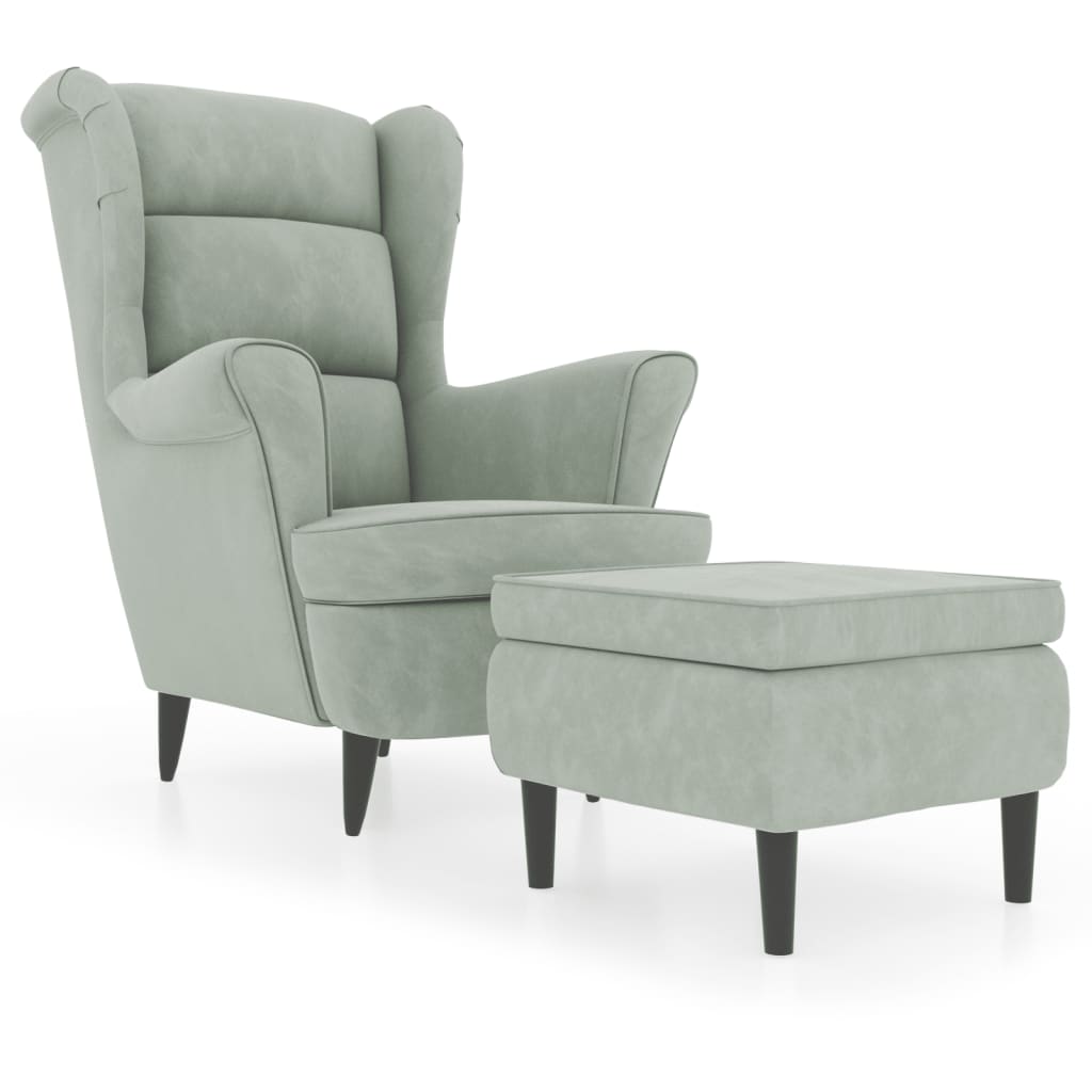 Armchair with Footstool Light Grey Velvet