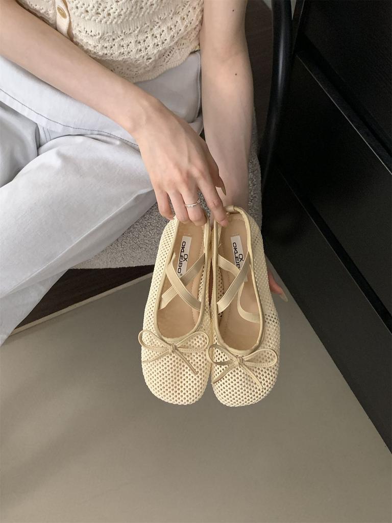 Fashion IPPEUM Mesh Ballet Flats Round Toe Mary Janes Black 2025 New Soft Ballerina Shoes Split Toe