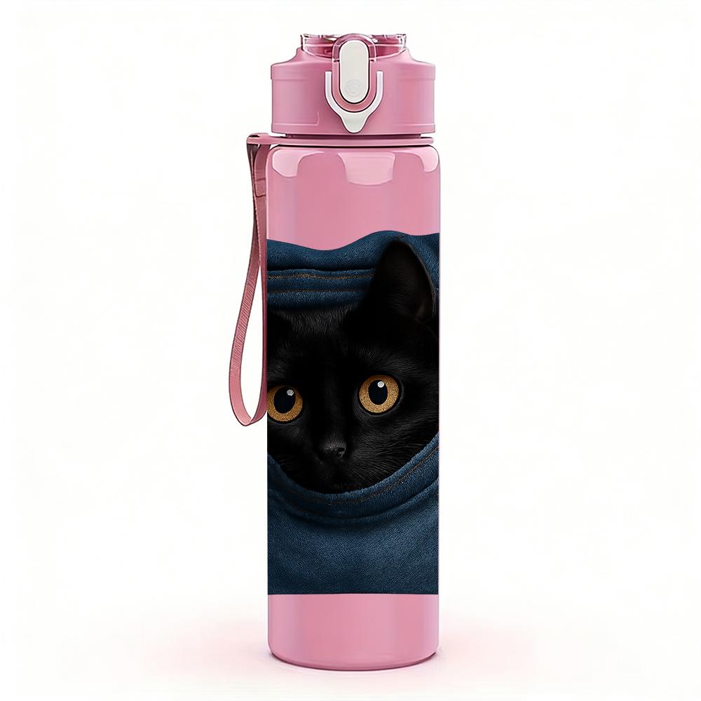 1PC Black Cat Jean Pocket Peeking 750ml Color Plastic Sports Water Bottle Leakproof Flip Straw Lid Suitable for Sports Office Home Use
