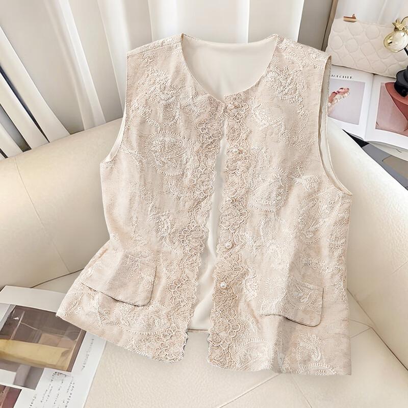 

Women s Elegant Linen Blend Vest with Lace Embroidery One Size