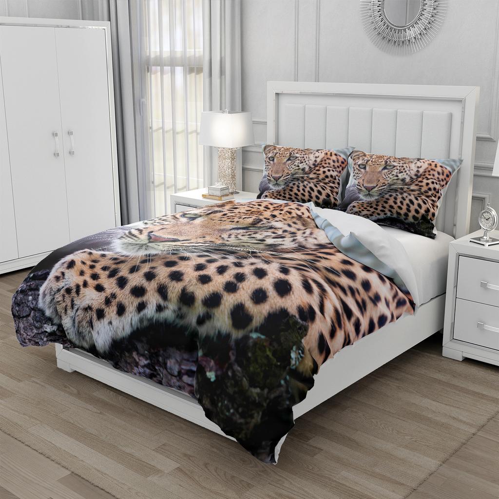 Animal Print Duvet Cover Set Leopard 3D Bed Linen Twin/Queen/140x200,Ultra-Soft Polyester Bedding, Machine Washable Home Decor