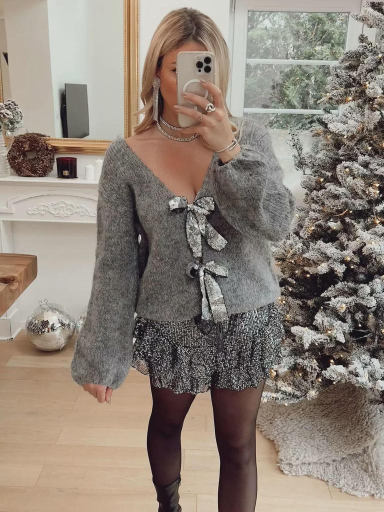 2024 Spring Women's Sequined Bowknot Loose Knitted Cardigan Sweater
