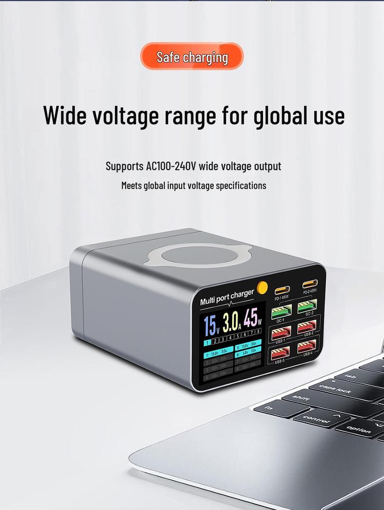 80W Multi-Port Charger: 6A2C Digital Display Wireless Desktop Fast Charging Station for Phones & Laptops.