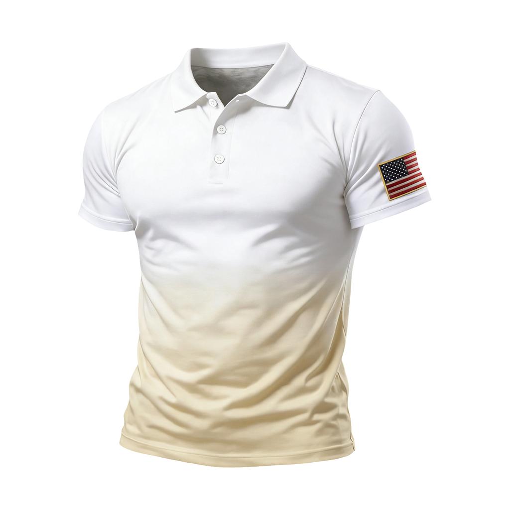Men Short Sleeve Polo Shirt Gradient Design Button Up Flag Patch Classic Fit Comfortable Top