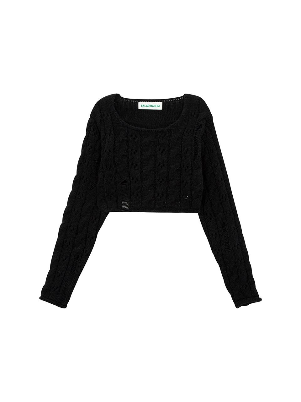 Salad Basket Damaged Cable Cropped Pullover_Black