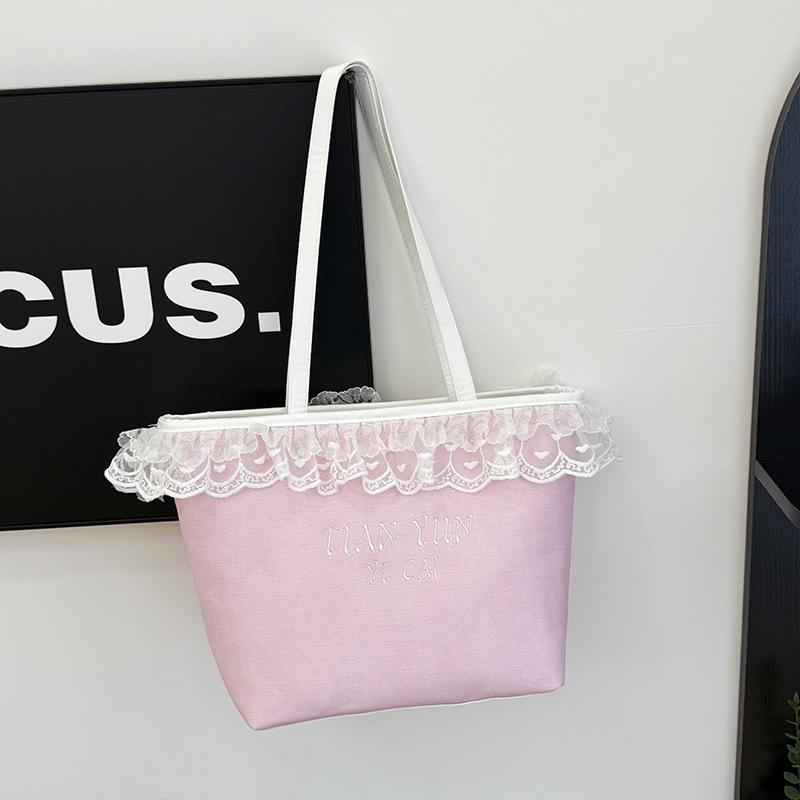 

Нишевый дизайн, милый кружевной край, большая вместимость, сумка на плечо, под мышку, новая, повседневная, простая, с буквенным принтом, сумка-тоут для поездок на работу розовый