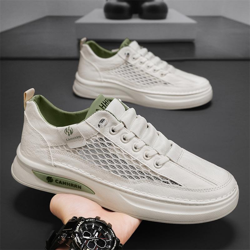 Men's shoes 2025 summer new mesh breathable hollow leather board shoes student youth casual shoes sports trendy shoes
