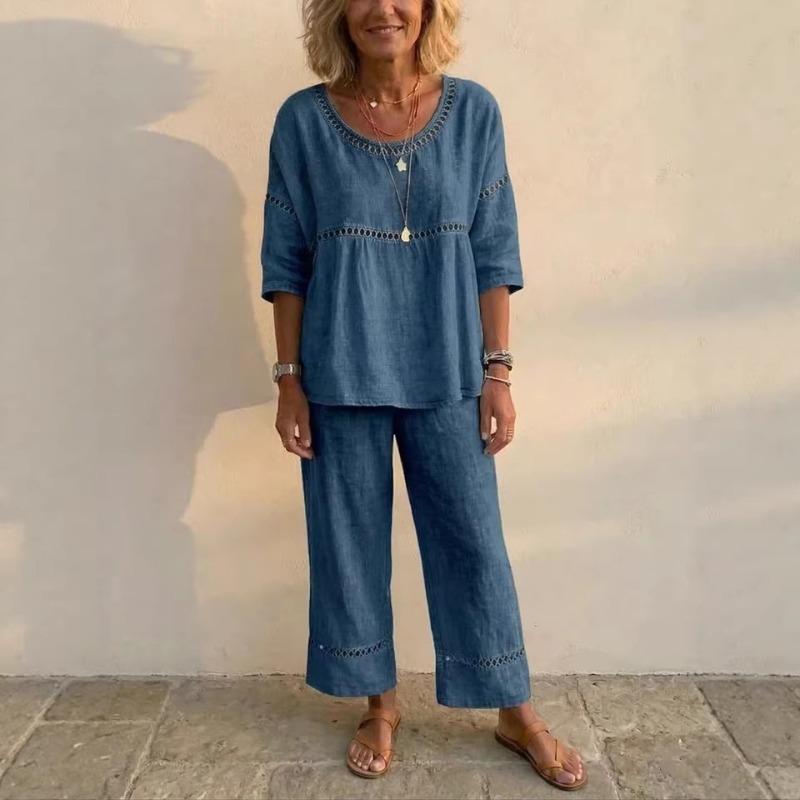 YYFS Damen Mode Lässig Sommer Frühling Einfarbige Druck 1/2 Ärmel Rundhals Hosenanzüge
