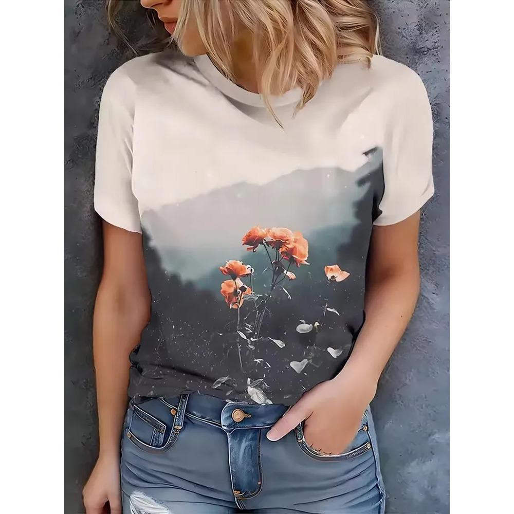 Sommer Mode T-Shirt Blume 3D Gedruckt Kurzärmeliges T-Shirt Modisch Bequem Weich Atmungsaktiv Groß Locker Damen T-Shirt