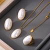Oval Shell Pendant Necklace Open Ring Stud Earring For Women 18k Gold Plated Stainless Steel Chain Necklaces Rings Earrings Sets