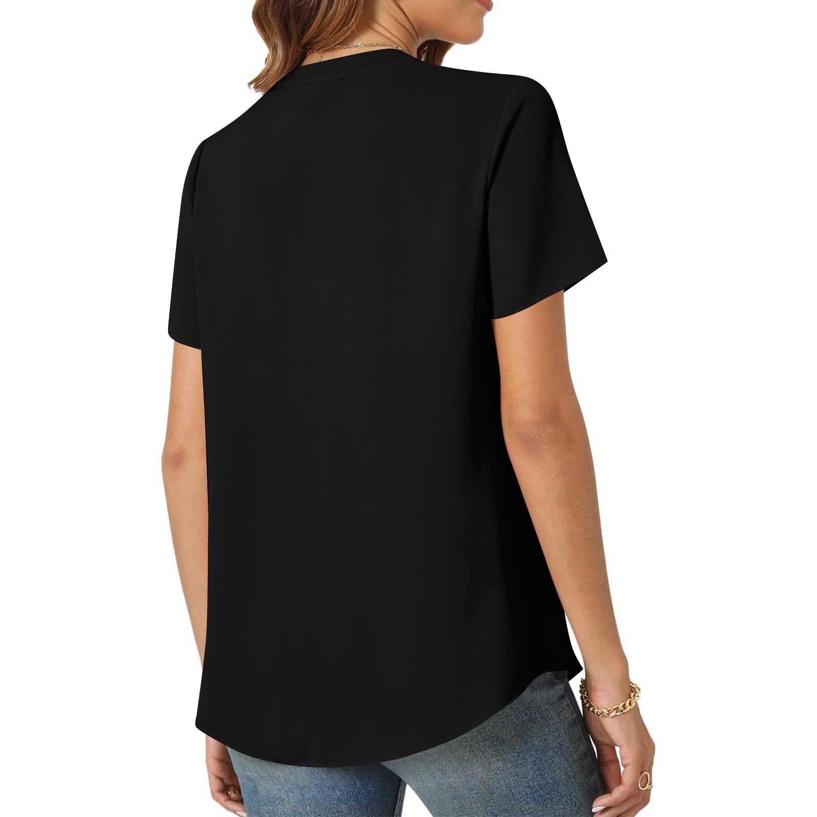 Женская повседневная свободная футболка с коротким рукавом и v-образным вырезом на груди — фото 10