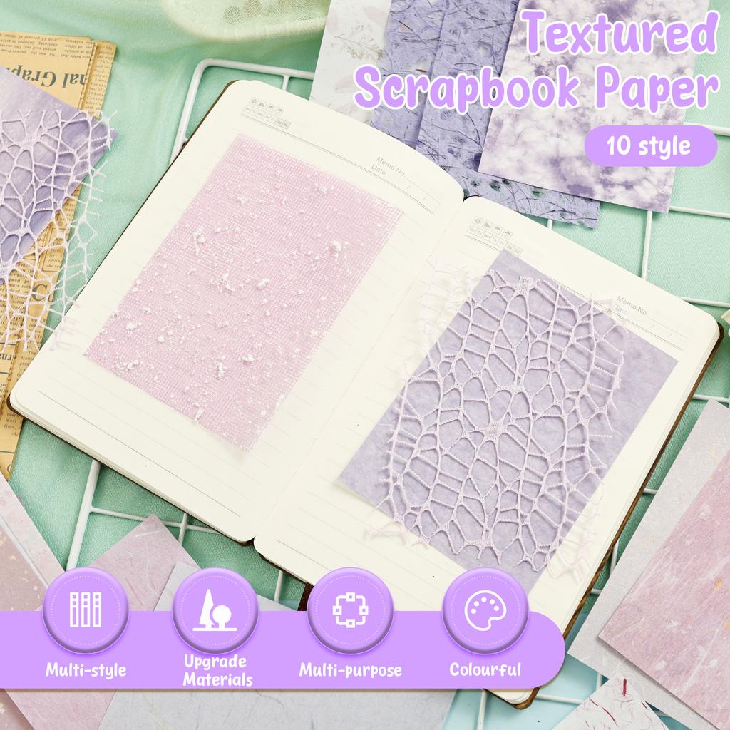 260 Sheets Textured Scrapbook Paper and Lace Fabric Assorted Set with Button 10 Style Journal Paper Set Making Collage Scrapbook