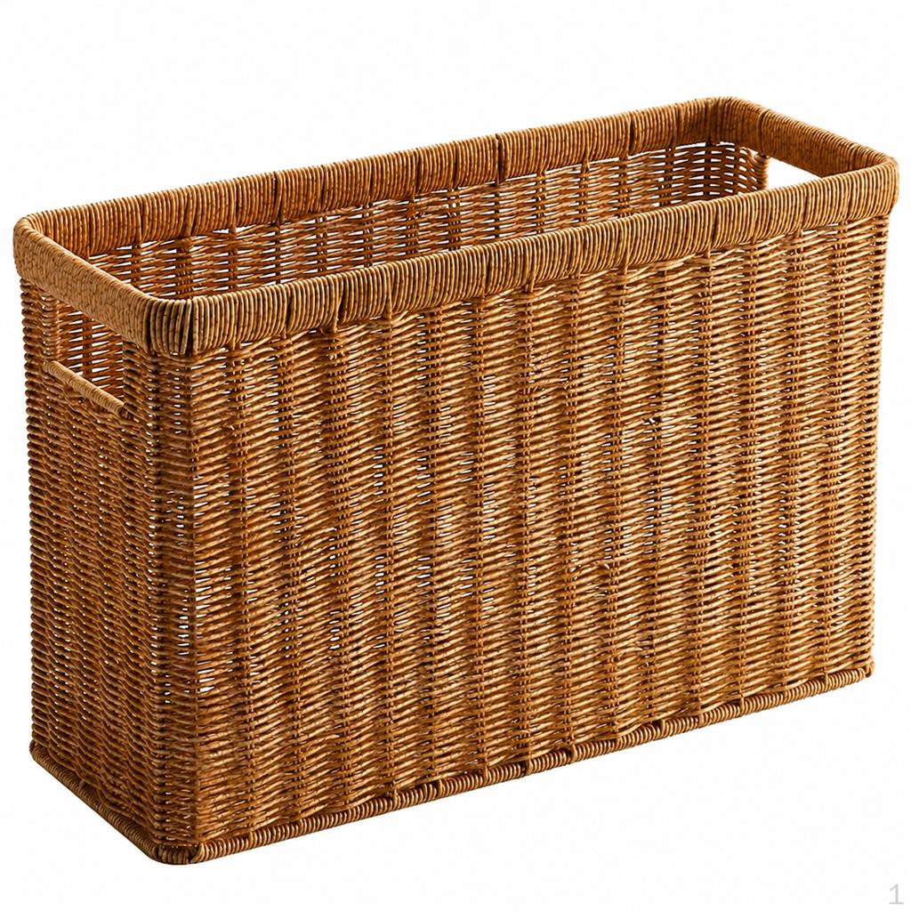 Woven Storage Baskets, Rectangular Wicker Basket with CutOut Handles, Tan Synthetic Rattan for