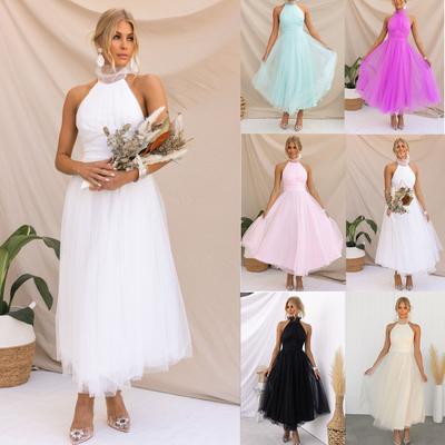 Vestido de noite feminino sem mangas, gola em camadas, costas abertas, decote halter, renda, ombro de fora, bainha de malha