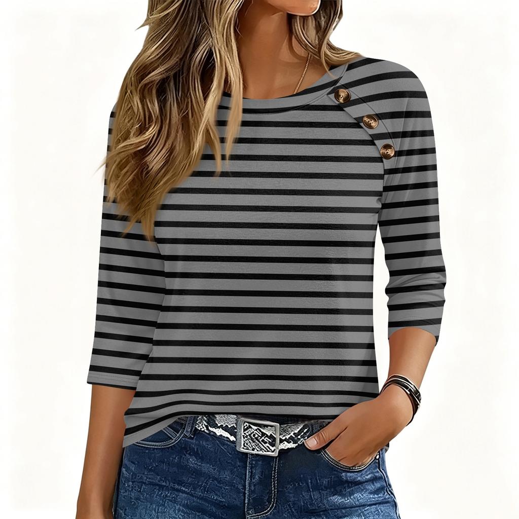 Damen T-Shirt mit 3/4 Ärmeln, Rundhalsausschnitt, Knöpfen, Lässiger Streifenprint, Lockerer Pullover für den täglichen Gebrauch, Büro, Schule, Reisen