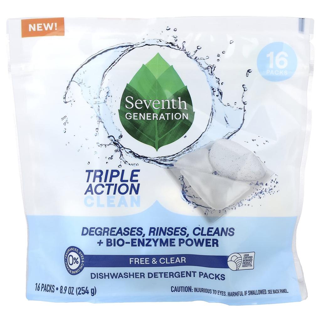 Seventh Generation, Dishwasher Detergent Packs, Free & Clear, 16 Pack, 8.9 oz (254 g)