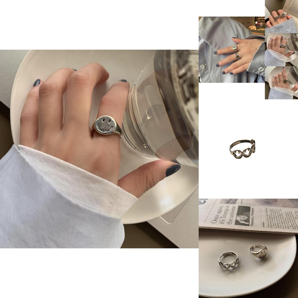 Vintage Korean Inspired Adjustable Ring With Rhinestone Smiley Face Design For Fashionable Women