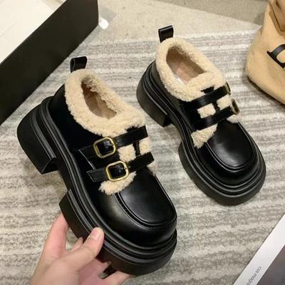 Autumn and Winter British Style Small Leather Shoes for Female Student's Japanese Vintage Plush Warm Cotton Shoes for Women