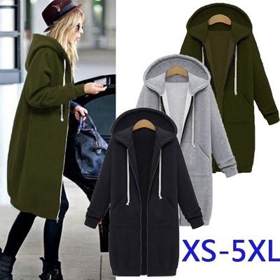 Women Hooded Long Sweatshirts Coat Casual Pockets Zipper Outerwear Jacket