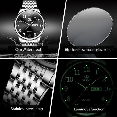 Olevs Tokei Watch Men's Black Simple Waterproof Watch Men's Stainless Steel Watch for Men Analog Silver Band Popular Wrist Watch Stylish Men's Busines