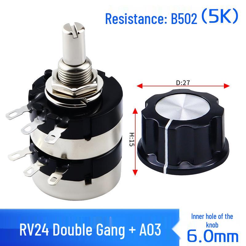 Dual-Gang Carbon Film Potentiometer: RV24YG20S, Variable Frequency Speed Control with B102/202/502 Knob Scale, Available In 5K/20K Ohm.