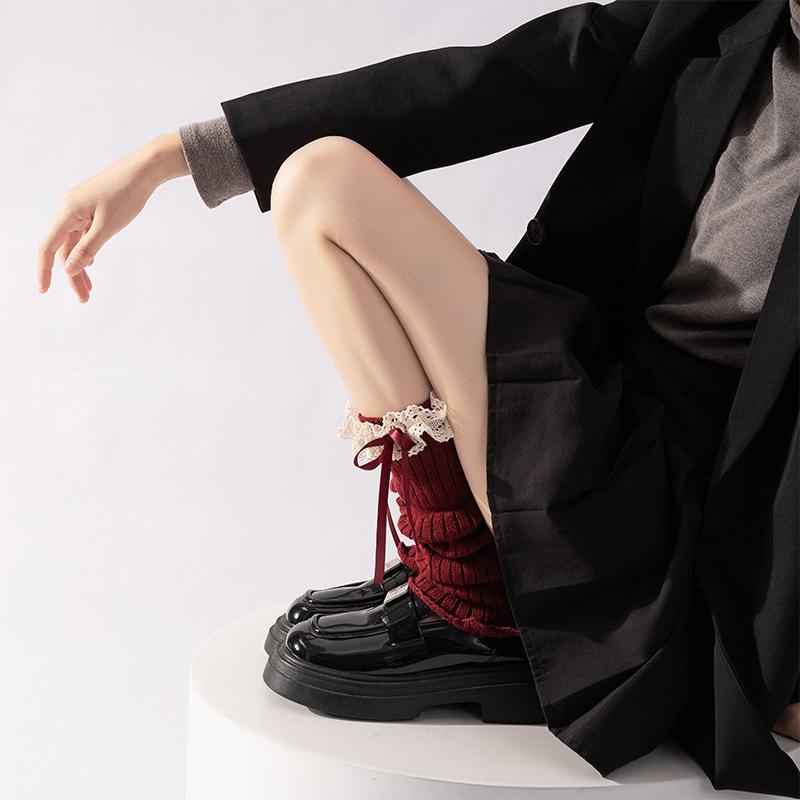 Socks Female Lolita Lace Bow Stockings Ballet Girl Spring And Autumn Lace Ancola Red Stacking Socks