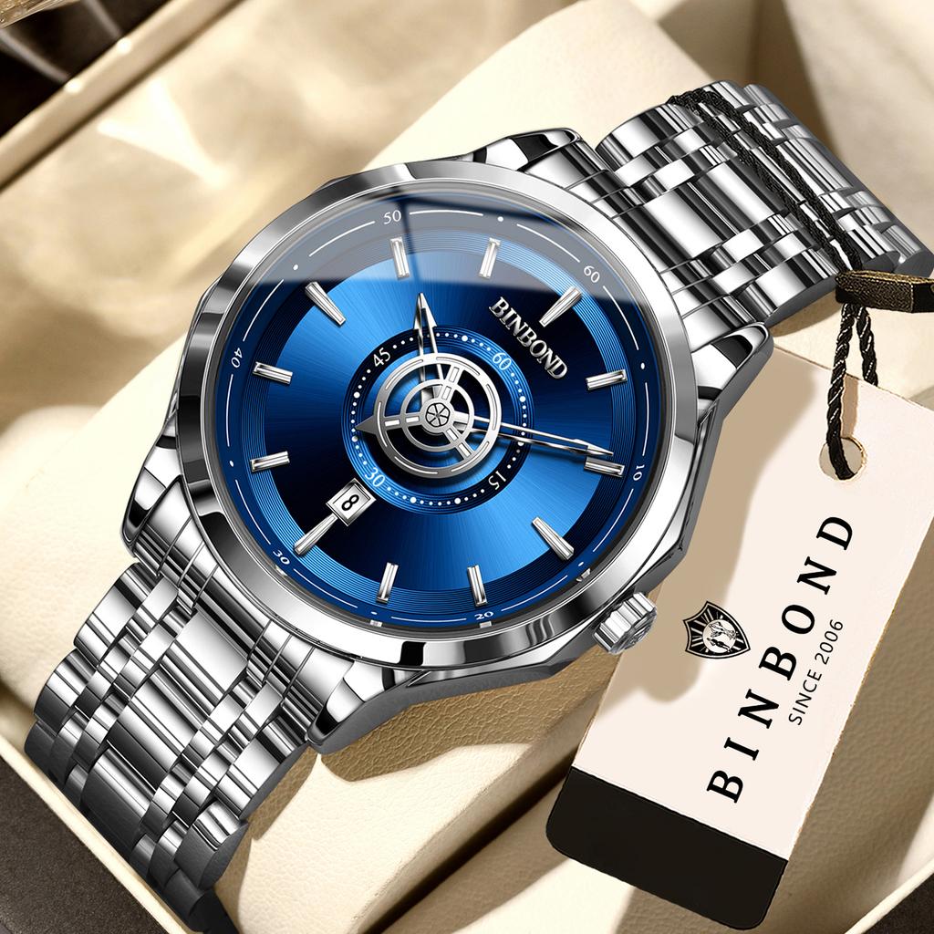 BINBOND Orginal Men's Waterproof Luminous Quartz Watch For Men Luxury Auto Date Sturdy Wristwatch Casual Reloj