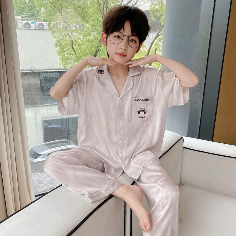 Boys Ice Silk Pajama Set 3-Piece Short Sleeve Cartoon Home Wear Kids Ages 8