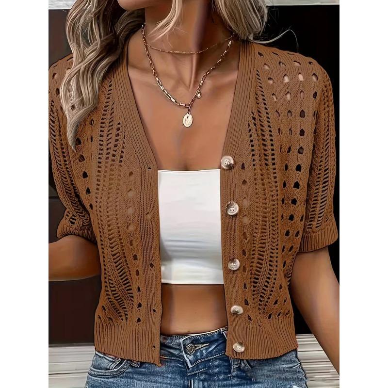 Dame Beige Heklet Strikket Cardigan Avslappet V-hals Kort Erme Knappelukking Åpen Strikket Genser