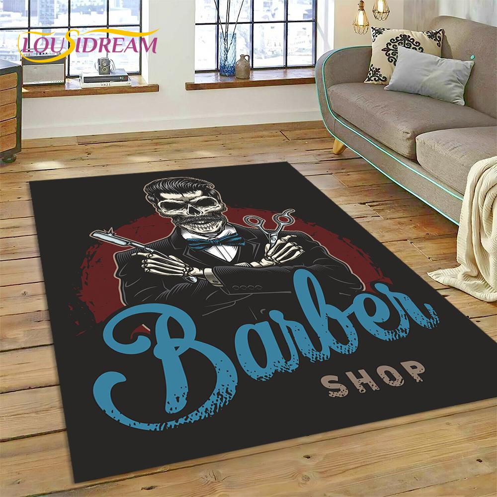 Fashion Barber Shop Logo Skull Vintage Rug Carpet for Living Room Bedroom Decor,Floor Mat Non-slip Decoration for Sofa Doormat