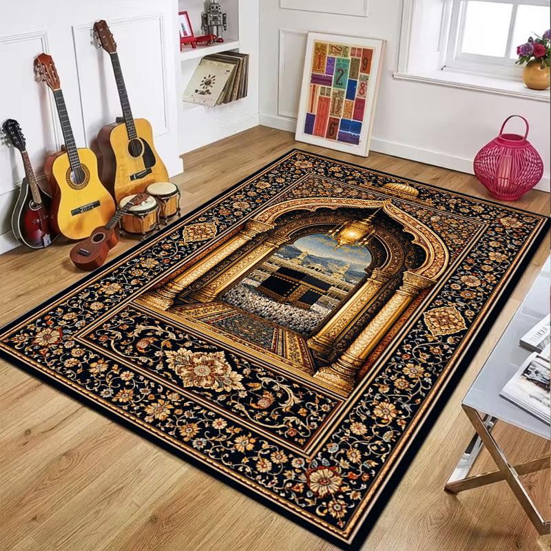 Vintage Islamic Area Rug Kaaba Mosque Floral Border Print NonSlip Floor Mat for Prayer Room Living Room Muslim Home Decor