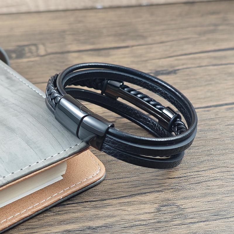 5-layer Stainless Steel I-shaped Men's Leather Bracelet Two Tone Handmade Weaving DIY Daily Wear Accessories Gift Dropshipping
