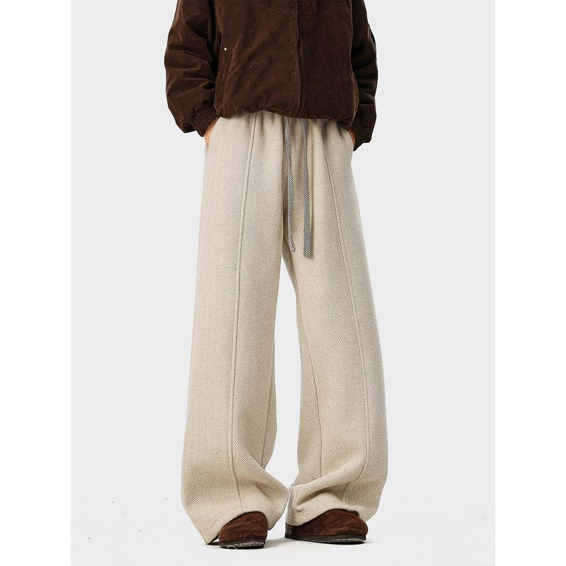 51 Hip-Hop Trendy Brand Fleece-Lined Thickened Pants for Men, Winter American Vintage Style Drapey Fleece-Lined Straight-Leg Casual Trousers