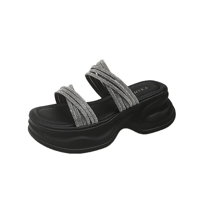 2025 New Fairy Rhinestone Word with Cool Slippers Waterproof Table High Heel Slippers Female Summer Wear Cool Slippers