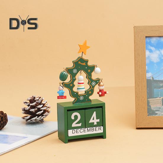 Christmas Wooden Desktop Calendar Santa Snowman Reindeer Tree Perpetual Calendar Wood Display Block Ornament for Home Office Decoration