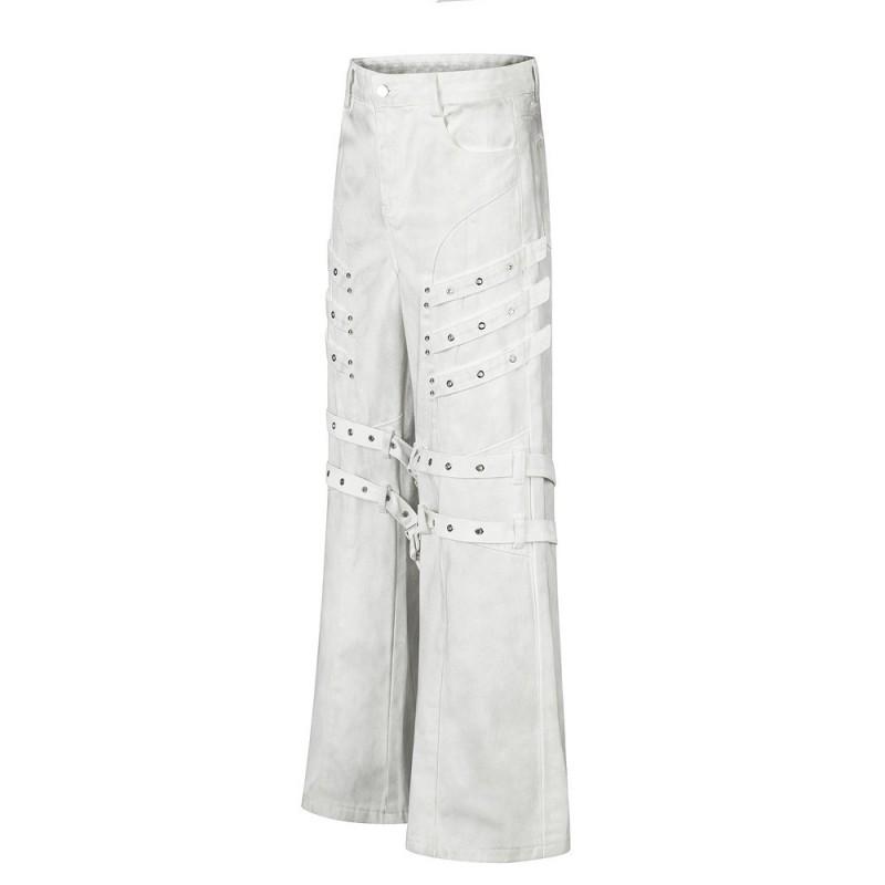 Mens Flared Denim Pants Hippie Street Style Distressed Jeans With Metal Rings Casual Trousers