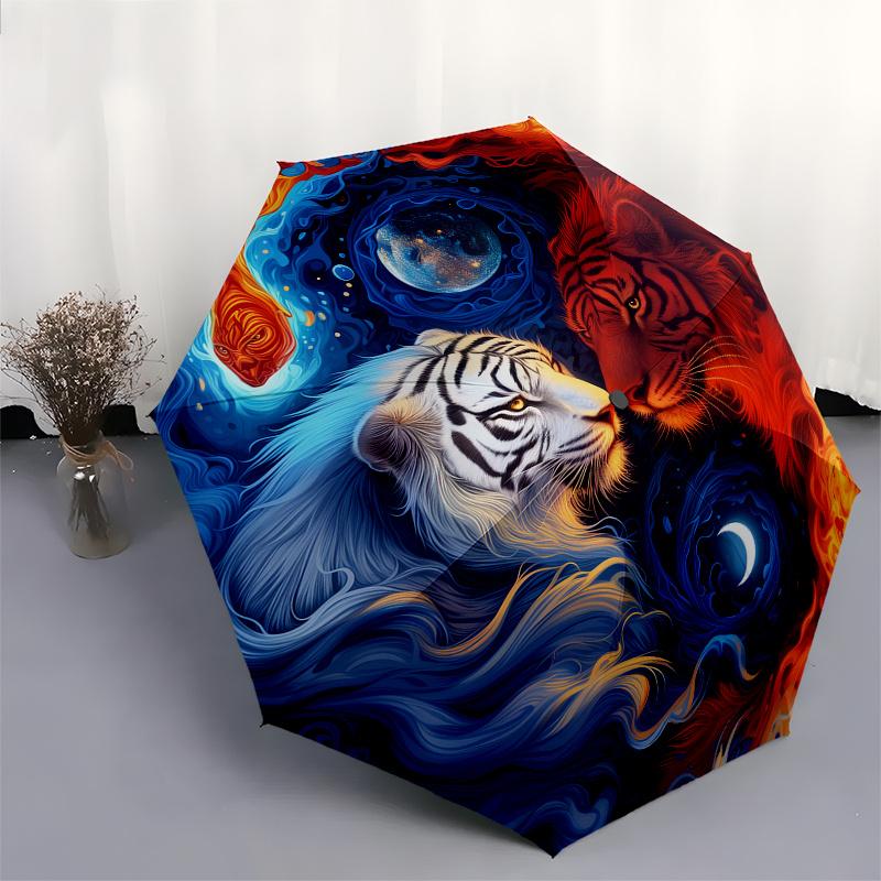 Yin Yang Tiger Moon Circular Wall Art DecorUmbrella, Portable 3-Fold Compact Umbrella for Men & Women Gift
