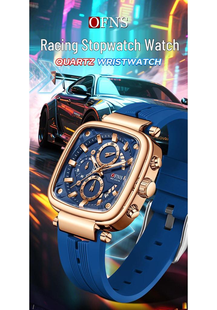 OFNS Men's Square Quartz Chronograph Watch: Luminous, Waterproof, Six-Hand Design, with Calendar for Casual or Commuter Wear.