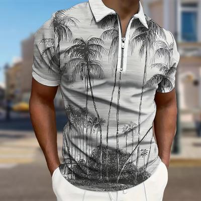 Herrenhemd Polo Casual Reißverschluss Kurzarm Mode Lässig Reißverschluss Sommer Frühling Normale Passform Kokosnussbaum 3D Druck Hemd