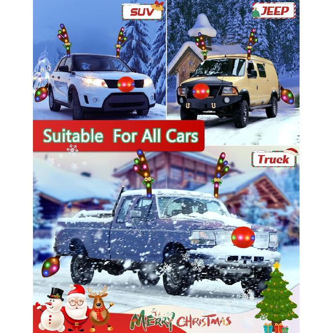 Christmas Reindeer Antlers Car Decoration Kit, LED Multicolor Lights Nose Vehicle With Jingle Bells Rudolph, Auto Holiday Accessories For SUV Van