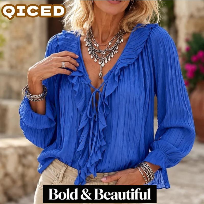 QICED Blouses et Chemises Décontractées à Manches Longues et Col en V pour Femmes