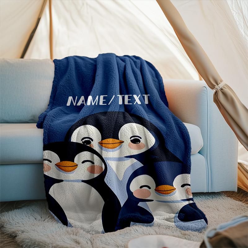 1PC Custom Name Penguin Family Portrait outdooor Flannel blankets Throw Blanket All-Season Throw Gift Bedspread for Couch, Bed, Camping Holiday Birthd