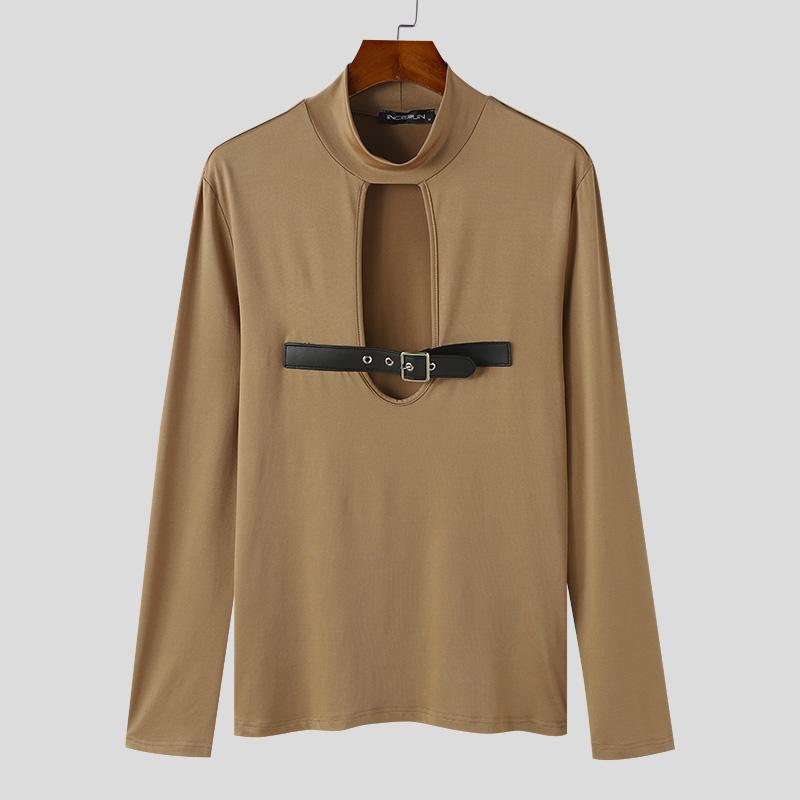 

INCERUN Мужские топы с воротником-стойкой и длинными рукавами, повседневные облегающие майки в стиле пэчворк 3XL хаки