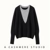 Round Neck Color Block Knit Cashmere Sweater - Loose Slimming Long Sleeve Fake Two-Piece for Autumn/Winter Women
