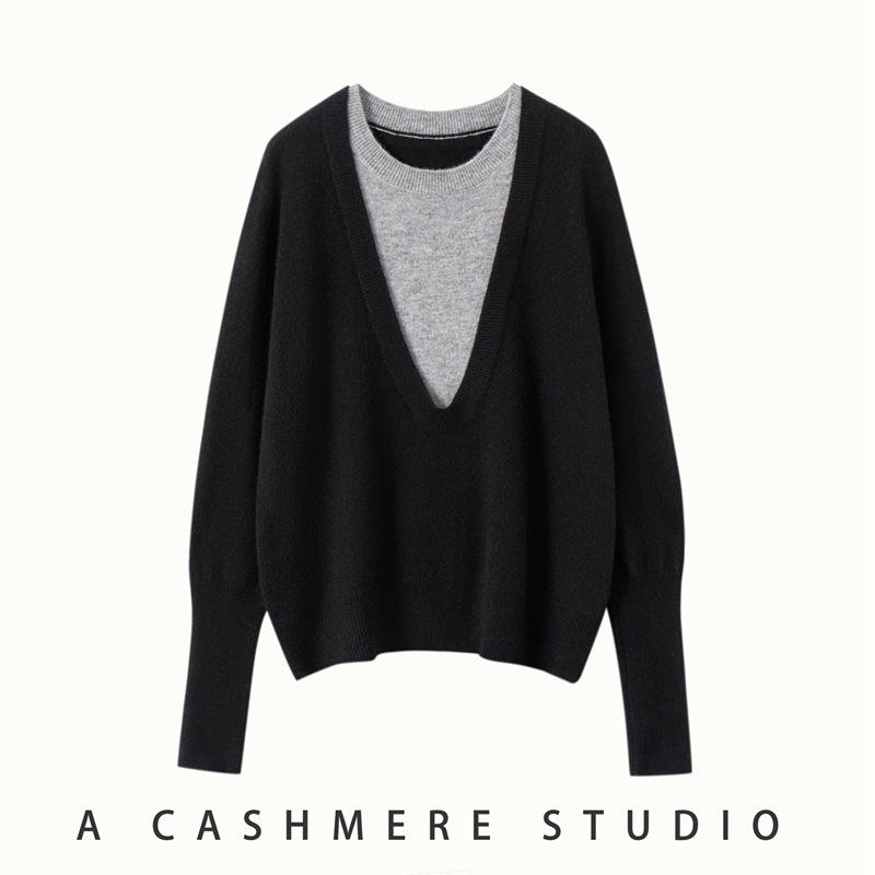 Round Neck Color Block Knit Cashmere Sweater - Loose Slimming Long Sleeve Fake Two-Piece for Autumn/Winter Women