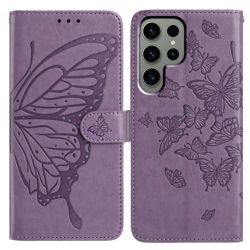 For Samsung Galaxy S24 Ultra Case Butterfly Imprinted Wallet Stand PU Leather Flip Phone Cover with Strap
