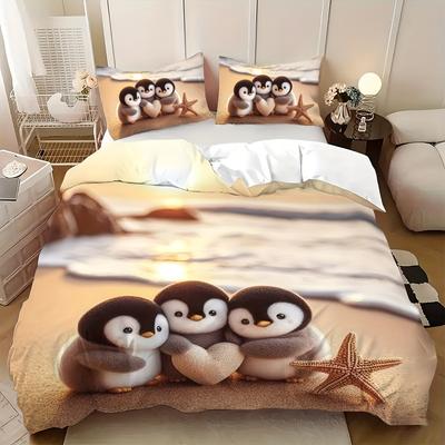 Ensemble 3pcs (1 housse de couette + 2 taies d'oreiller, sans garniture), pingouin élément impression numérique doux, Beige clair-friendly Ensemble de literie